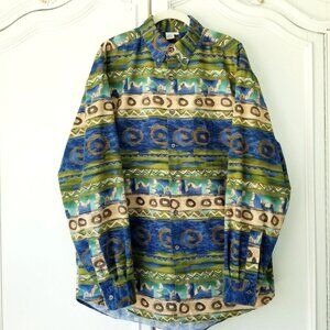 The Territory Ahead Blue Green Tribal Abstract 90's Y2K Long Sleeve Shirt Large